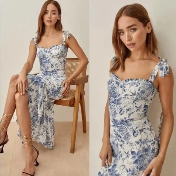Reformation Blue and White Floral Midi Dress - Picture 2 of 8